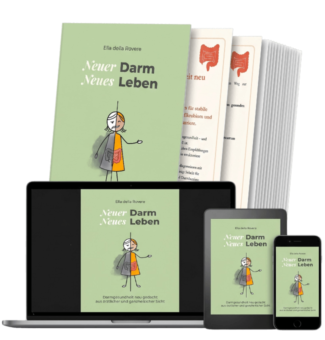 E-Book-Mockup 'Neuer Darm, neues Leben' – der Darmgesundheits-Kurs von Ella della Rovere, dargestellt auf Laptop, Tablet und Smartphone
